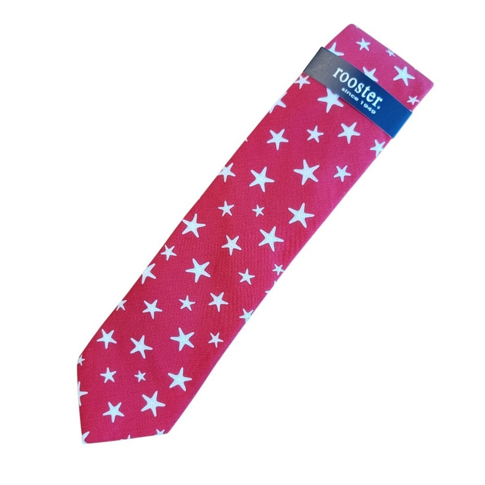 NWT Rooster 100% Cotton Necktie Tie Red and White Stars‎ Patriotic America USA
